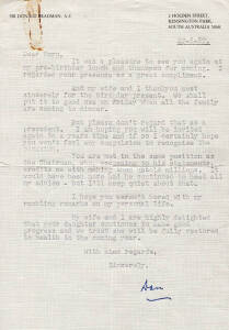 DON BRADMAN, letter dated 27th Aug.1987 (Bradman's 79th Birthday) to Norm Bevan on "Sir Donald Bradman A.C." letterhead, signed "Don". Together with invitation letter & table card to Don Bradman's 79th Birthday luncheon.