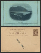 TASMANIA - Postal Stationery: Postal Cards: UPU 1&frac12;d+1&frac12;d with Reply Cards unused (3) two with diagonal 'SPECIMEN' overprints, plus a single '1d' on 1&frac12;d Reply Card unused (scarce); also 2d Pictorial Scenic Letter Cards unused (2) one showing Lake Hartz (li - 2