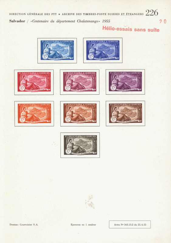 REST OF THE WORLD - Thematics: Maps - Proofs: El Salvador 1956 Chalatenango Issue: Courvoisier's original colour trials for the Postage & Airmail denominations, all imperforate & affixed to the official Archival album pages [#226 & 228] dated '25/4/1955'