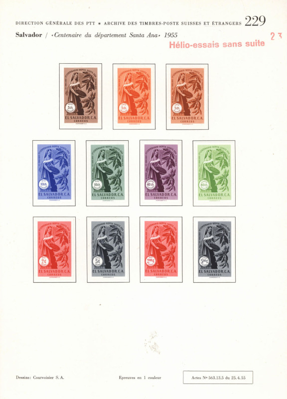 REST OF THE WORLD - Thematics: Religion - Proofs: El Salvador 1956 Santa Ana Issue: Courvoisier's original colour trial for the Postage & Airmail denominations, all imperforate on the official Archival album pages [#227 & 229] dated '25/4/1955'. Unique an