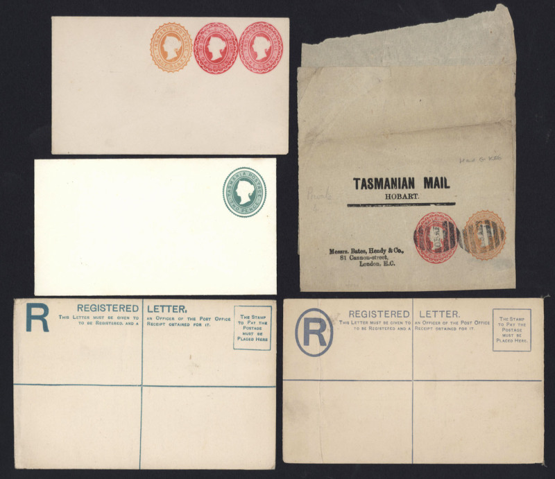 TASMANIA - Postal Stationery: Selection with Envelopes (9) comprising 1d red, 2d green (5, three unused & two used) plus PTPO ½d+1d, 1d+1d+½d, & 2d+½d; Walch's Postal Cards unused (3), Registration Envelopes (2) with McCorquodale 4d (flap at left) & DLR u