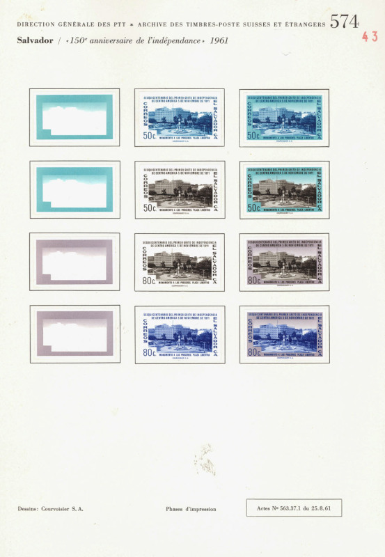 REST OF THE WORLD - Thematics: Buildings & Architecture - Proofs: El Salvador 1961 150th Anniversary of Independence (SG 1154-63) complete set of imperforate colour separations for the ten denominations, affixed to five pages from the printer's records. E