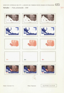 REST OF THE WORLD - Thematics: Government & Politics - Proofs: El Salvador 1959 Visit of President Lemus to the United States complete set of imperforate colour separations for the six denominations with Small Figures of Value, affixed to two pages from the printer's records. Ex Courvoisier Archives. (30 items).