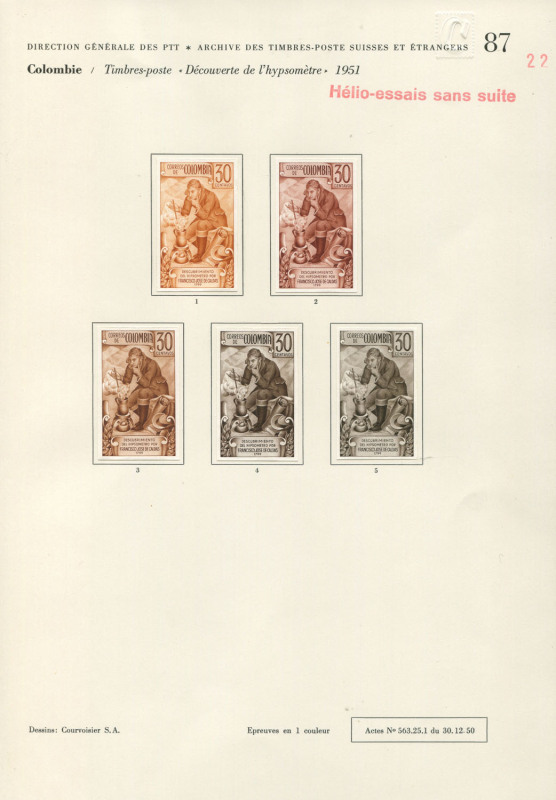 COLOMBIA: PROOFS: 1958 International Geophysical Year (F.J. de Caldas) Issue: Courvoisiers' original trial printings in a completed design, all imperforate and affixed to the official Archival album page [#87], dated 30/12/1950. Unique. (5 items)