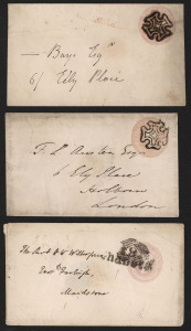 GREAT BRITAIN - Postal Stationery: Envelopes: 1841 QV 1d pink Huggins & Baker EP3-EP5 used selection, some with original enclosures, variety of numeral or Maltese Cross cancels in black, and many fine transit and arrival backstamps including coloured types. Marvellous lot for the specialist. (37)