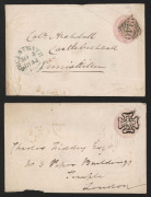 GREAT BRITAIN - Postal Stationery: Envelopes: 1841 QV 1d pink Huggins & Baker EP3-EP5 used selection, some with original enclosures, variety of numeral or Maltese Cross cancels in black, and many fine transit and arrival backstamps including coloured typ - 2