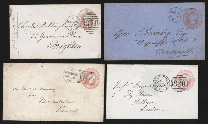 GREAT BRITAIN - Postal Stationery: Envelopes:1857-60 QV 1d pink Huggins & Baker EP10-EP15 selection (14 used, 1 addressed/unused) many with fine duplex cancels incl. JEDBURGH '187', TUNBRIDGE WELLS '820' & VENTNOR '971', condition variable, generally goo