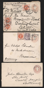GREAT BRITAIN - Postal Stationery: Envelopes: 1881-83 QV 1d pink selection (Huggins & Baker EP28-EP32 range) comprising size B (3 unused), size C (9 used, 14 unused), size H (25 used, 12 unused), size E (1 used, 5 unused) & size F on blue stock (1 unused); better usages to Germany, India, Sydney & S.M.S. "Stusch" at Plymouth; postmark interest likely, condition quite variable. (70 items)