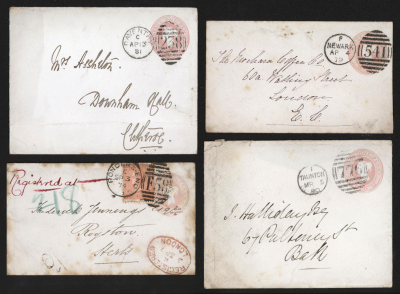 GREAT BRITAIN - Postal Stationery: Envelopes:1873-78 QV 1d pink selection comprising 1873 With Seal Device on Flap (Huggins & Baker EP20-EP23) comprising size B (2 unused, 4 used, one uprated for registration with 4d vermilion Pl.13), size C (5 used), siz