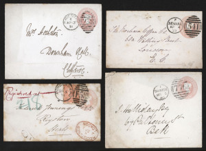 GREAT BRITAIN - Postal Stationery: Envelopes:1873-78 QV 1d pink selection comprising 1873 With Seal Device on Flap (Huggins & Baker EP20-EP23) comprising size B (2 unused, 4 used, one uprated for registration with 4d vermilion Pl.13), size C (5 used), size H (2 used), size F (used & unused); Without Seal Device (EP24-EP26) comprising size B (2 used), size C (3 used, 2 unused) & Size H (2 used); some fine duplex cancellation incl. DAVENTRY '238', NEWARK '541', PONDERS-END 'F58' (registered), con