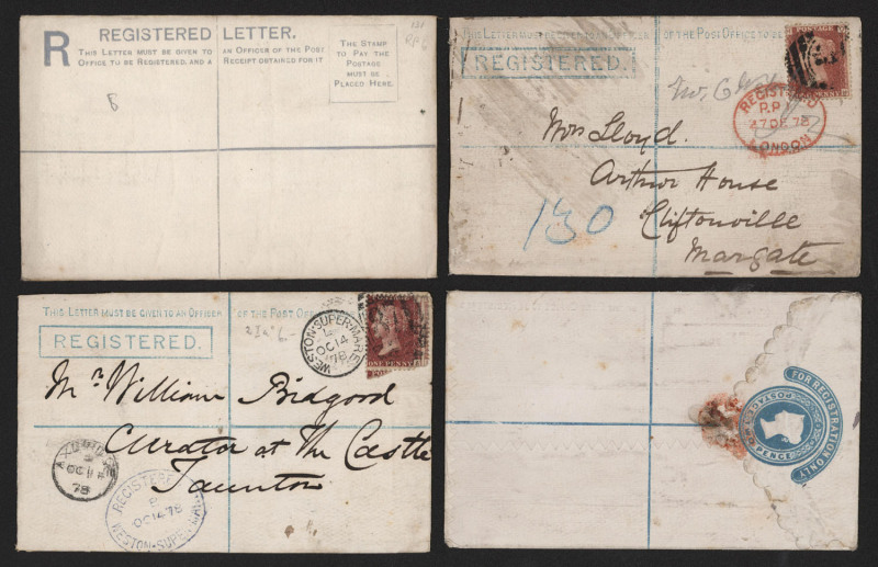 GREAT BRITAIN - Postal Stationery: Registration Envelopes: 1879-1881 QV 2d size F group comprising 1878 Huggins & Baker RP2 (flap with plain edge) used examples from Doctor's Commons to Margate or from Weston-Super-Mare to Taunton, 1878 RP4 (flap with sca