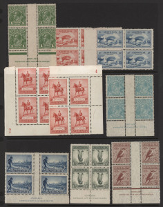 AUSTRALIA: Other Pre-Decimals: 1930s disorganised mint array on hagners and loose with multiples including 6d Kookaburra & 1/- Lyrebird & KGV CofA 1/4d (creasing) Ash imprint blocks of 4 MUH, plus 2½d ANZAC part sheet of 88 & various other plate/imprint blocks of 4; single stamps including 5/- Bridge (CTO, creasing), 1/- Lyrebird optd 'OS' mint, KGV CofA 1/4d; creasing & gum toning issues are reflected in the modest estimate. Inspection advised. (few 100s)