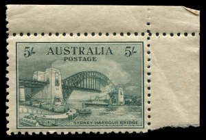 AUSTRALIA: Other Pre-Decimals: 1932 (SG.143) 5/- Harbour Bridge corner marginal example, crease in selvedge just touches stamp at upper-right, some colour transfer on gum & couple of gum skips, MUH, Cat $1500.