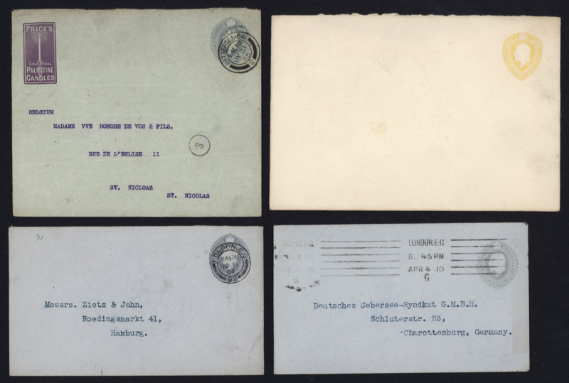 GREAT BRITAIN - Postal Stationery: Envelopes PTPO: 1902-03 KEVII 1½d yellow Huggins & Baker ES32 unused (2) and used to Canada with Montreal arrival back stamp, also 2½d grey-blue ES34a used (8), six to Germany, one to Holland and one to Belgium with Pric