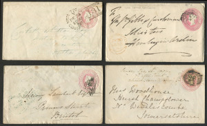 GREAT BRITAIN - Postal Stationery: Envelopes: 1850-51 QV selection with size F (with seal device) Huggins & Baker EP9 used, size B (with seal device) EP8 unused and used (27); some likely postmark interest noting 'POSTED SINCE 7.20 LAST NIGHT/EDINB' (Edinburgh) duplex, CASTLE DONNINGTON & WIVELISCOMBE arrival backstamps, HENLEY-IN-ARDEN arrival datestamp (on face) in red, condition variable.
