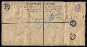 GREAT BRITAIN - Postal Stationery: Registration Envelopes: 1898 QV 2d issue '£5 to £120' compensation table with revised wording 'Inland Registration' on reverse (Huggins & Baker RP22) comprising size F (3 used, 2 unused), Size G (6 used, 2 unused) incl. two used to Germany, one with Yokohama Bank (London) seal, size H unused and size K scarce 1899 London local use from Broad Sanctuary to Crutched Friars.