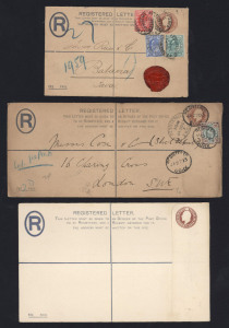 GREAT BRITAIN - Postal Stationery: Registration Envelopes: 1902 KEVII 3d issue, With 'R' in Oval (Huggins & Baker RP24) comprising size F (2 used, 4 unused), Size G (4 used, one to Java, & unused), size H (2 unused), size H2 (2 used) & Size K used in 1906 from York to Bedford with V.R. Officially Sealed label; generally very good to fine condition. (16 items)
