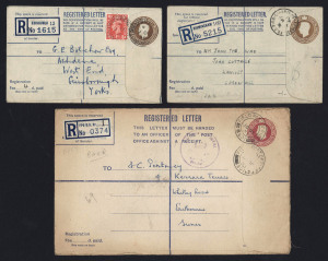 GREAT BRITAIN - Postal Stationery: Registration Envelopes: 1947-49 KGVI 5½d issues comprising 1947 (Huggins & Baker RP63) size G (2 used) size K (unused) & size F with blue lining RP64 (2 used), 1949 RP66 size K unused & used & RP67 with 1d stamp added to outdated stock (4 used, one with 1d pair added, to British Allied Zone, Germany); also 1951 KGVI 6½d RP69 selection comprising size F (2 used), size G (2 used, 2 unused), size H (2 used, one from Field Post Office 901