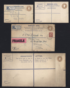 GREAT BRITAIN - Postal Stationery: Registration Envelopes: 1945 KGVI 5½d issue, with or without McCorquodale & Co imprint under flap (Huggins & Baker RP59) comprising size F (4 used), Size G (3 used, 2 unused), size H (2 used & 2 unused) & Size K unused, 