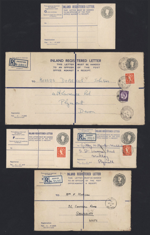 GREAT BRITAIN - Postal Stationery: Registration Envelopes: 1957 QEII 1/2½d (Huggins & Baker RP78) selection mostly uprated for rate change with ½d Wilding, comprising size F (4 used, 1 unused), size G (3 used, 5 unused, two not uprated), size H (5 used,