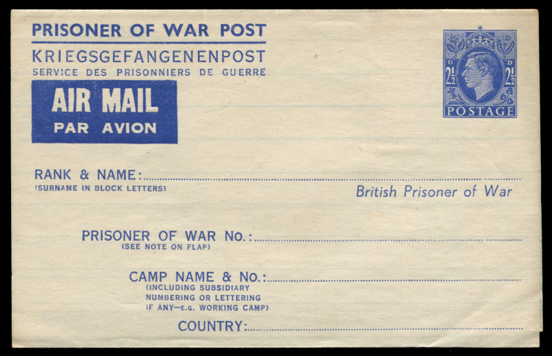 GREAT BRITAIN - Postal Stationery: Air Mail Letter Sheets: 1941-43 KGVI 'PRISONER OF WAR POST' 2½d group comprising Flap at Bottom Huggins & Butler APF1 (3) & Flap at Top with 'No Enclosures Allowed' added to inside flap APF3 (5). A useful group for furth