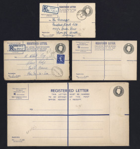 GREAT BRITAIN - Postal Stationery: Registration Envelopes: 1952 KGVI 8½d grey "...fee of 6d" (Huggins & Baker RP71) size F (2 used), size G (2 used, 3 unused), size H (2 used, 2 unused), size K (used & unused); also size G with instructions in larger lettering RP72 (2 used); generally good to fine condition. (15 items)