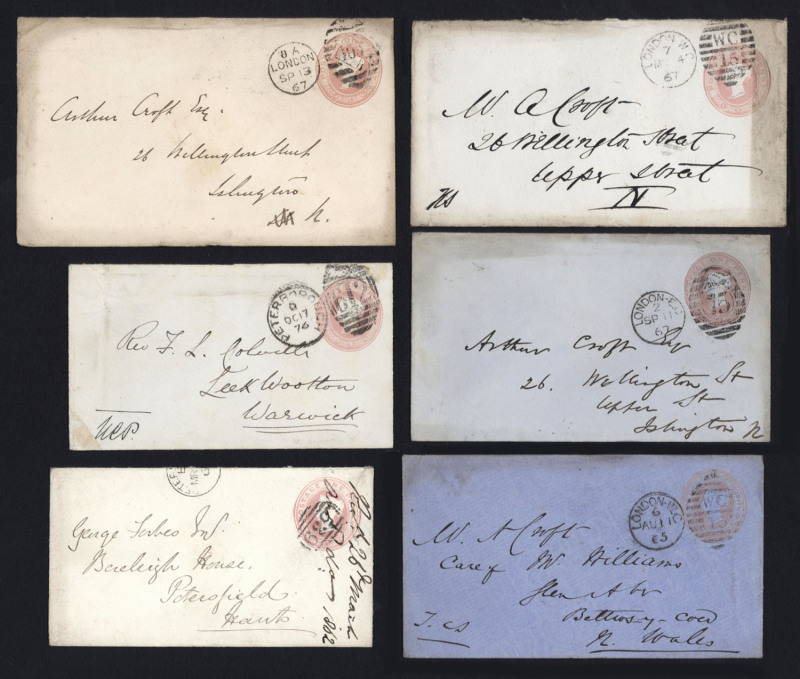 GREAT BRITAIN - Postal Stationery: Envelopes PTPO: 1855-94 QV selection with 1855-90 1d pinks Huggins & Baker ES1 or ES7 (11 used) with a variety of sizes & paper colours, 2d lake ES15 (1 used to France, three unused), 2d lake with 9 dot floreats ES20b (3