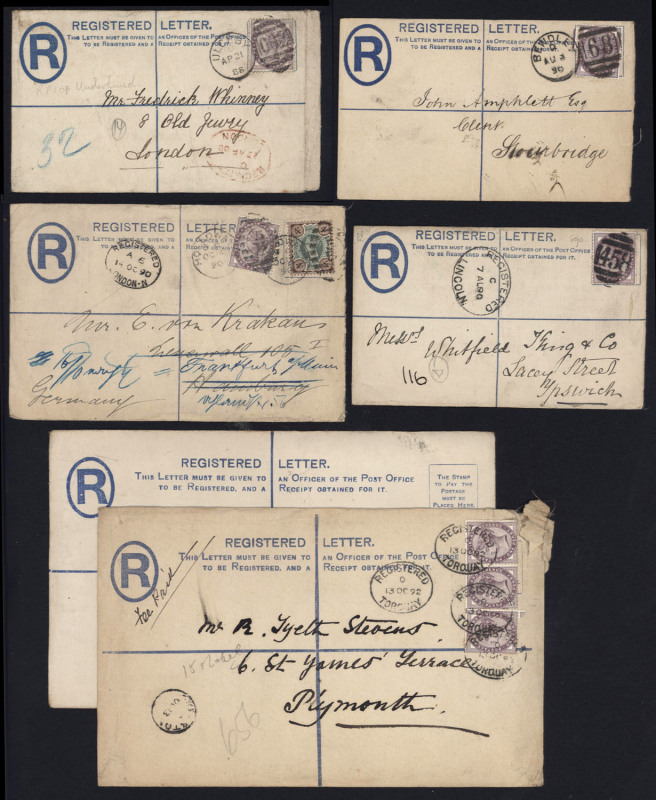 GREAT BRITAIN - Postal Stationery: Registration Envelopes: 1888-1891 QV 2d selection with 1888 £5-£10 Compensation Table, Huggins & Baker RP15 size F used (3) and Size G used to Hamburg, 1891 with £5-£25 Compensation Table affixed to reverse RP16 size H u