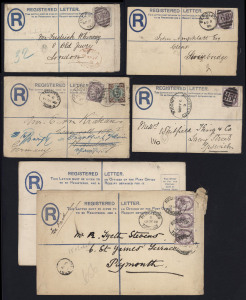 GREAT BRITAIN - Postal Stationery: Registration Envelopes: 1888-1891 QV 2d selection with 1888 £5-£10 Compensation Table, Huggins & Baker RP15 size F used (3) and Size G used to Hamburg, 1891 with £5-£25 Compensation Table affixed to reverse RP16 size H used & unused. (6)