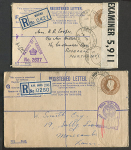 GREAT BRITAIN - Postal Stationery: Registration Envelopes: 1940 KGVI 5½d Huggins & Baker RP52 (without selling price, size letter placed over 'S' of 'Space' in registration label box) comprising size F used, and size G three used, one with H.M. Ships registration label, postmark & tombstone censor handstamp, plus two unused examples, generally fine.