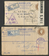 GREAT BRITAIN - Postal Stationery: Registration Envelopes: 1940 KGVI 5½d Huggins & Baker RP52 (without selling price, size letter placed over 'S' of 'Space' in registration label box) comprising size F used, and size G three used, one with H.M. Ships reg