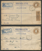 GREAT BRITAIN - Postal Stationery: Registration Envelopes: 1940 KGVI 5½d Huggins & Baker RP52 (without selling price, size letter placed over 'S' of 'Space' in registration label box) comprising size F used, and size G three used, one with H.M. Ships reg - 2