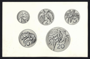 Coins - World: Cook Islands: 1965 Self Government: Original artwork on thick card for 2 proposed Crown-sized coins, the reverse featuring a lagoon scene and a native boat; also original artwork for a proposed series of coins (1c to $1) for Niue, featuring native food plants, a crab, the Endeavour and the Niue flag. Most attractive. (4 cards)