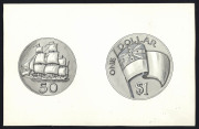 Coins - World: Cook Islands: 1965 Self Government: Original artwork on thick card for 2 proposed Crown-sized coins, the reverse featuring a lagoon scene and a native boat; also original artwork for a proposed series of coins (1c to $1) for Niue, featuring - 2