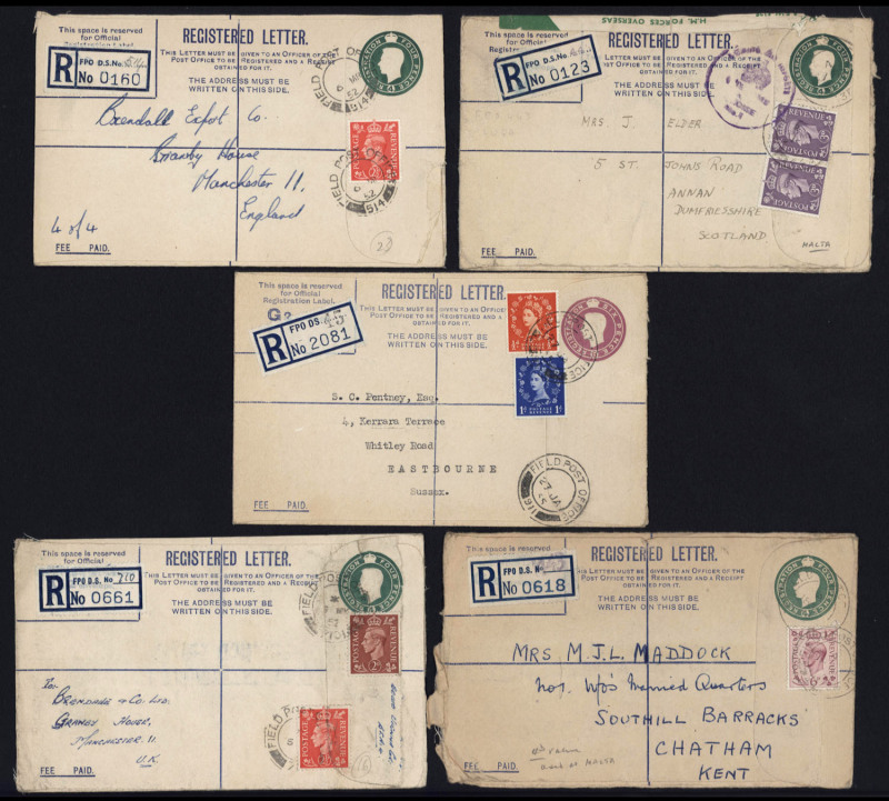 GREAT BRITAIN - Postal Stationery: Registration Envelope - Forces Issues: 1950 KGVI 4d green Huggins & Baker RPF8 (compensation £2 18s) four examples, two from Malta Force each with customs declaration forms on reverse for nylon stockings, also a 1952 6d