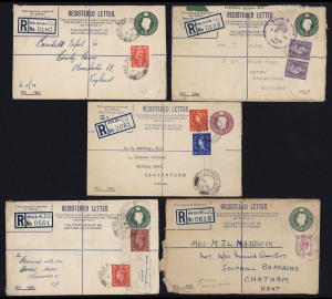 GREAT BRITAIN - Postal Stationery: Registration Envelope - Forces Issues: 1950 KGVI 4d green Huggins & Baker RPF8 (compensation £2 18s) four examples, two from Malta Force each with customs declaration forms on reverse for nylon stockings, also a 1952 6d puce RPF9, all postally used, condition a tad variable. (5)