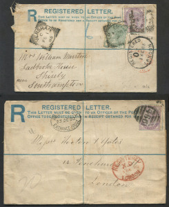 GREAT BRITAIN - Postal Stationery: Registration Envelopes: 1882-83 use of QV 2d Type R3 with nine dot florets, format type RF5 Envelopes, Huggins & Baker RP9 size F (3) one used from Ennis in Ireland to Colchester with KILDYSART transit backstamp plus size G with larger typeface RP11 used in 1882 from Liverpool to London; also unused 1882 QV 2d Type R3 with nine dot florets, format type RF3 Huggins & Baker RP10 (2, shades), some mild toning; condition fair to fine. (6)