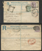 GREAT BRITAIN - Postal Stationery: Registration Envelopes: 1882-83 use of QV 2d Type R3 with nine dot florets, format type RF5 Envelopes, Huggins & Baker RP9 size F (3) one used from Ennis in Ireland to Colchester with KILDYSART transit backstamp plus si