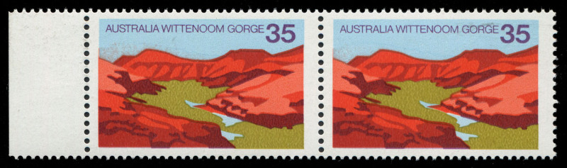 AUSTRALIA: Decimal Issues: 1976 (SG.629) Australian Scenes 35c Wittenoom Gorge variety "Purple (mountain in background) omitted", fresh MUH pair with normal pair for comparison, BW: 749c - Cat $8,000+. Rare multiple.