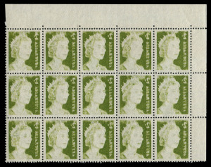 AUSTRALIA: Decimal Issues: 1966-71 (SG.383) QEII 2c olive-green upper-left corner block of 15 (5x3) with "Complete strong offset", sheet margins intact, fresh unmounted, BW:437c - Cat $1,500+.