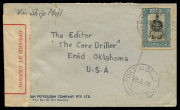 PAPUA - Postal History: 1940 (July 28) commercial cover from Australian Petroleum Company sent surface mail to Oklahoma with 3d Dandy tied by PORT MORESBY '28JL40' datestamp, 'OPENED BY CENSOR' rouletted red/white censor label folder over at left (Lee typ