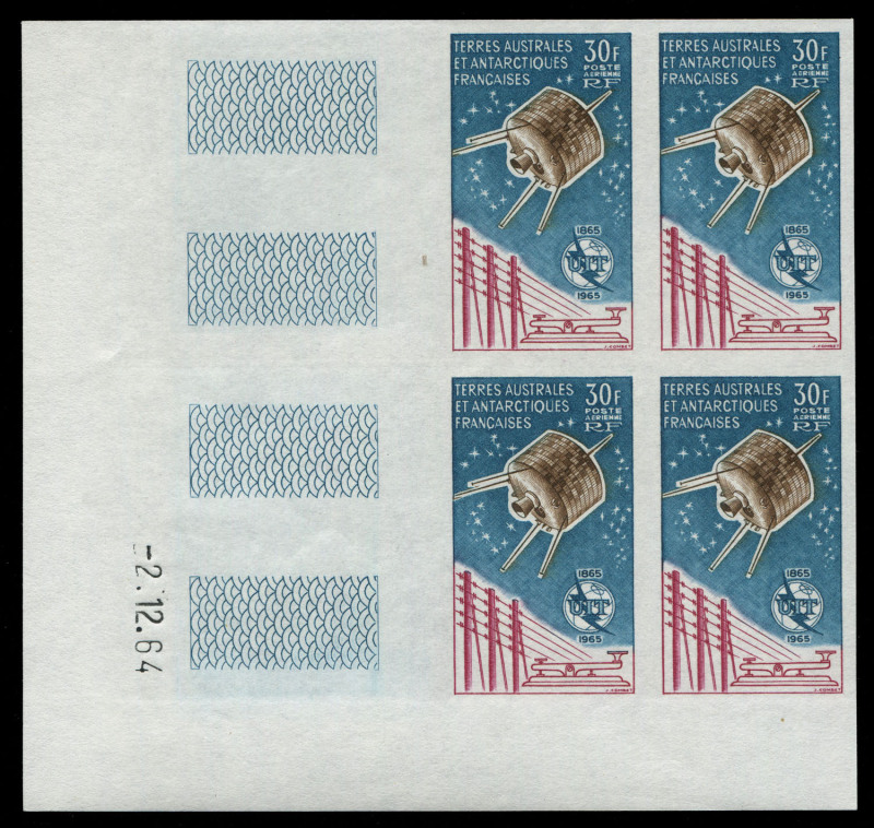 FRENCH COMMUNITY: French Southern & Antarctic Territories: 1965 (SG.39) 30f ITU Air IMPERFORATE lower-left corner block of 4, dated "2.12.64", tiny inclusion, very fresh MUH, Yvert. PA9, Cat ‚¬1100++. Nice item for telecommunications or space thematicists