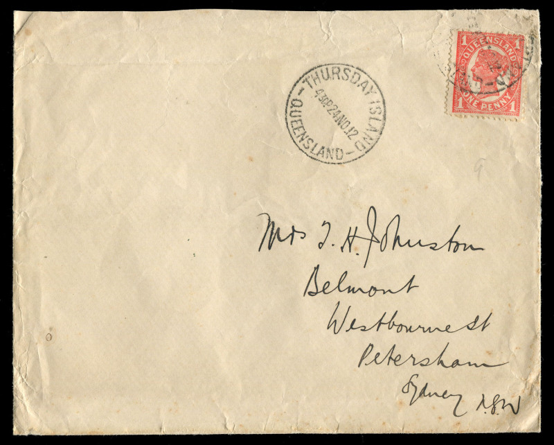 QUEENSLAND - Postal History: 1912 (Nov. 24) cover to Sydney with Qld 1d Sideface tied by THURSDAY ISLAND '24NO12' datestamp with another superb strike alongside, 'KONINKLIJKE PAKETVAART MAATSCHAPPIJ' ship illustration on the cover flap and as part of the