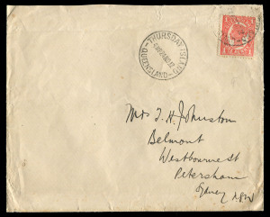 QUEENSLAND - Postal History: 1912 (Nov. 24) cover to Sydney with Qld 1d Sideface tied by THURSDAY ISLAND '24NO12' datestamp with another superb strike alongside, 'KONINKLIJKE PAKETVAART MAATSCHAPPIJ' ship illustration on the cover flap and as part of the 