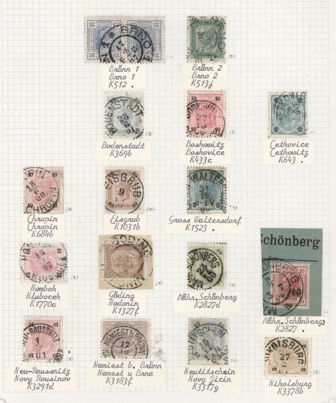 AUSTRIA - Postal History: Bucowina, Dalamatia, Galicia, Carinthia, Carniola, Coastal Province & Moravia: postmarks on 1901-07 Austrian issues incl. FUNDU MOLDOVEI, MITOKA-DRAGOMIRNA (Bucowina), DOLAC-DOLNJI, KORCULA (Dalamatia), BORYNIA, GLINIK MARIA, POL