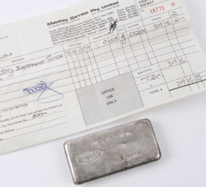 Coins - Australia: Silver: 1980 silver ingot, 505grams of 99.9% fine silver, with original Matthey Garrett (Johnson Matthey) sales docket.