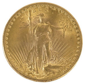 Coins - World: United States of America: 1927 $20 Double Eagle, 33.44grams of 900/1000 fine gold, F/VF.