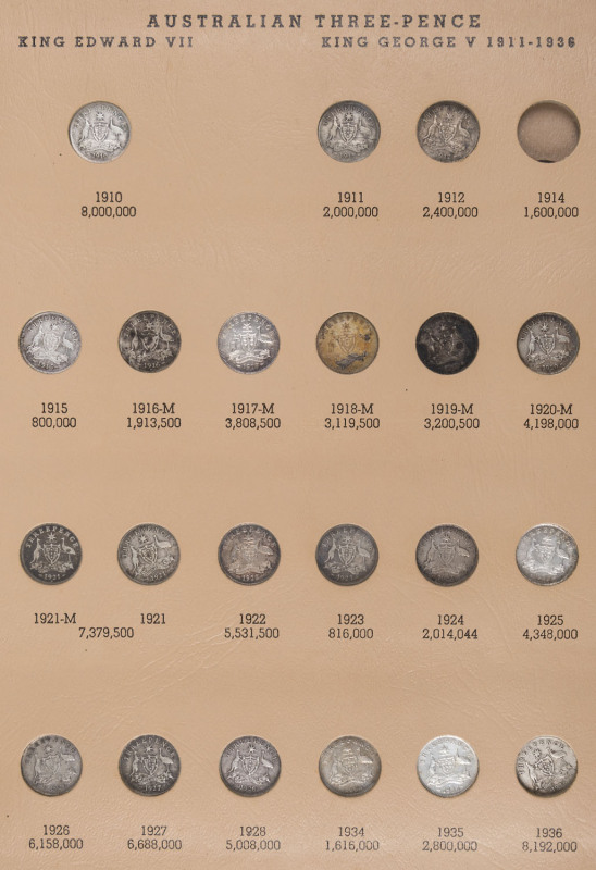 Coins - Australia: Pre - Decimal Silver: Collection on stockleaves and in Dansco album with threepences (112), sixpences (33), shillings (12), florins (33, incl. three 1927 Canberra), 1937 & 1938 Crowns, condition fair to fine, some coins tarnished or cle
