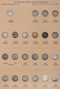 Coins - Australia: Pre - Decimal Silver: Collection on stockleaves and in Dansco album with threepences (112), sixpences (33), shillings (12), florins (33, incl. three 1927 Canberra), 1937 & 1938 Crowns, condition fair to fine, some coins tarnished or cleaned. (125)