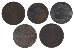 Coins - Australia: Tokens: Small group comprising 1851 Crombie, Clapperton & Findlay ½d (drapers, Melbourne), 1855 J. McGregor Sultan's Steam Coffee Works ½d (pierced), 1857 I. Friedman (pawnbroker, Hobart) ½d, 1850s T.E Merry & Co (merchants, Toowoomba) 1d, 1864 J.S. Sawyer (wholesaler, Brisbane) 1d; condition variable. (5)
